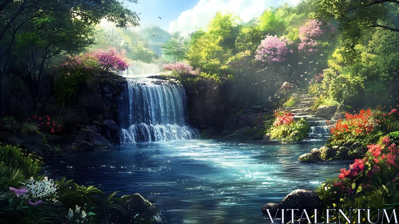 Sunlit terraced waterfall with floral banks in lush valley
