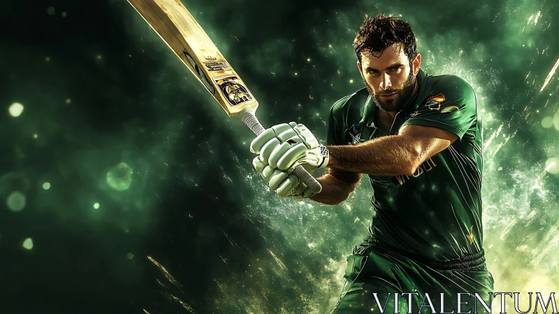 Cricketer swings bat through glowing green explosive energy
