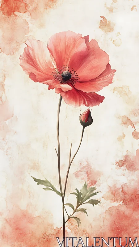 Translucent Poppy Bloom with Burgundy Bud Against Weathered Ochre Ground