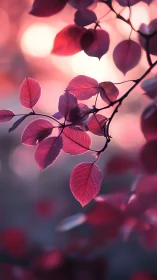 Sunlit crimson leaves glow softly against blurred twilight