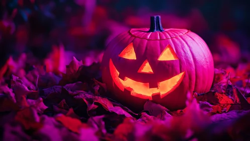 Neon lit jack o lantern on autumn leaves under magenta light