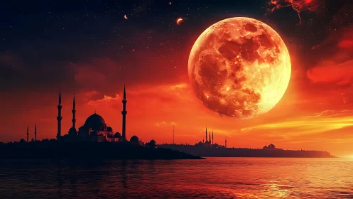 Red lunar sky over mosque silhouettes at calm water.
