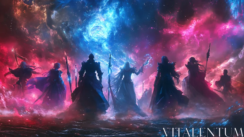 Cosmic-robed warriors confront a swirling nebula sky.