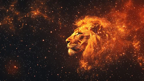 Fiery lion head emerging from glowing starfield nebula.