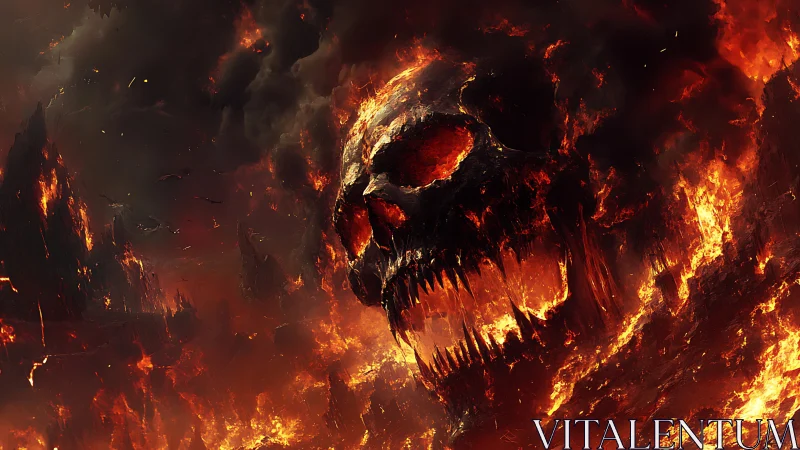 Volcanic inferno skull emerging from pyroclastic firestorm.