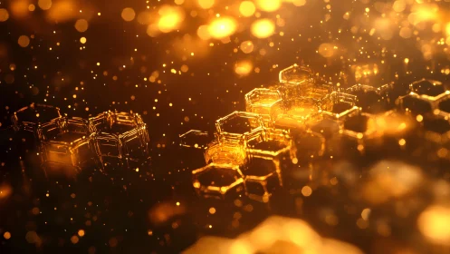 Glowing Abstract Honeycomb Pattern with Golden Bokeh Effect.