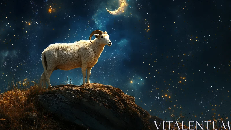 White horned goat on rocky hill beneath starry crescent sky.