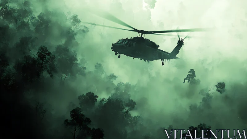 Helicopter glides through dense emerald jungle fog silently.
