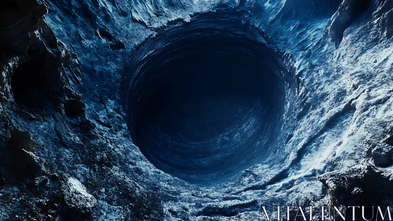 Icy subterranean shaft rendered with deep radial perspective