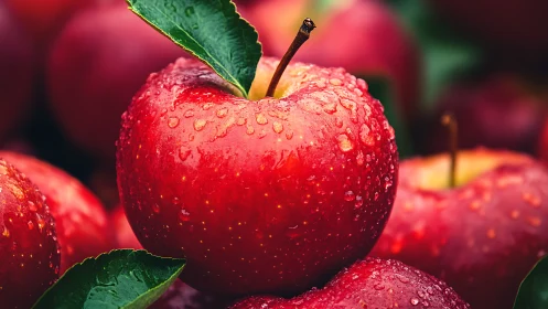 High-saturation macro of wet red apple with surface droplets