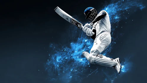 Dynamic cricket batsman in mid-air drive with blue energy field