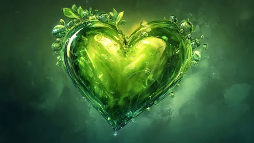 Luminous Green Heart. Glowing botanical shape floats in mist.