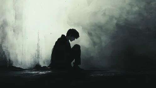 Backlit silhouette of seated figure in high contrast digital mist