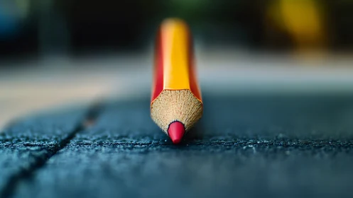 Macro view of a red pencil resting on textured dark fabric