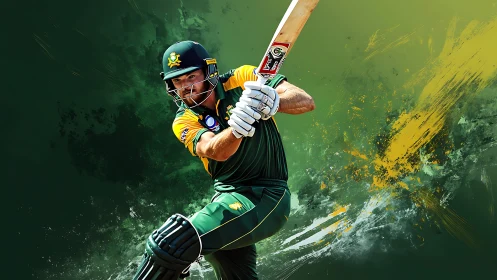 Cricketer drives powerfully amid dynamic splash backdrop.
