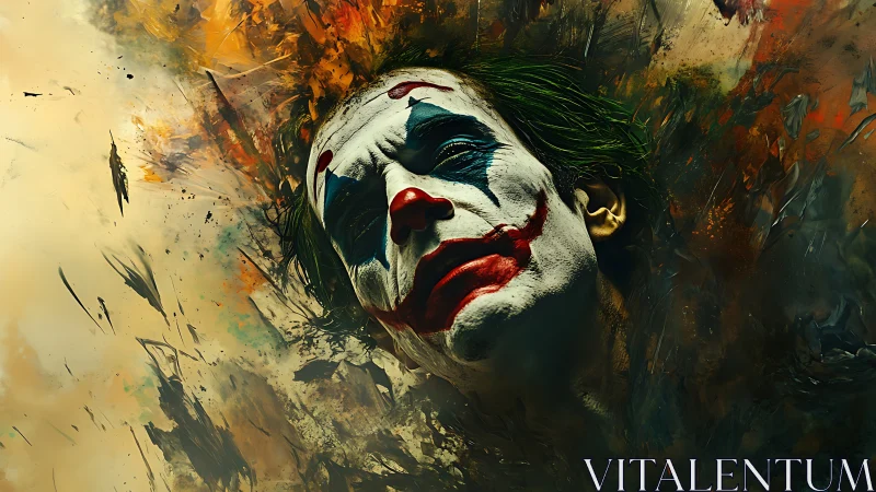 Clown portrait dissolves into chaotic abstract paint fragmentation
