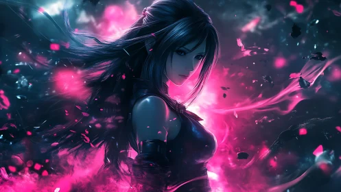 Dark-haired warrior stands amid neon pink energy storm