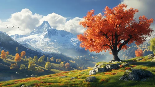 Crimson autumn tree before snowcapped alpine peak landscape.
