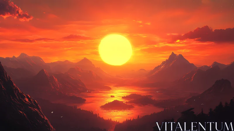 Blazing sun over stylized mountain lake at dramatic dusk