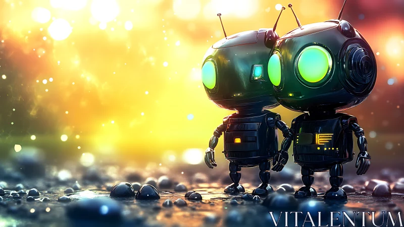 Bokeh drenched micro-robots in chromatic atmospheric backlight.