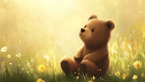 Sunlit baby bear daydreaming in a gentle flower meadow.