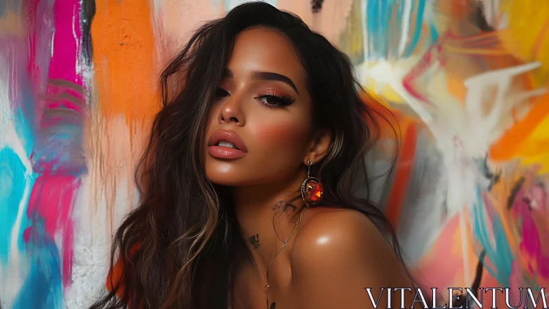 Digital portrait against abstract chromatic graffiti backdrop.