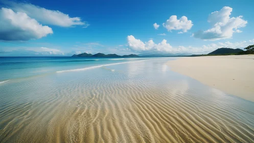 Pristine tropical beach with turquoise waters and mountain views