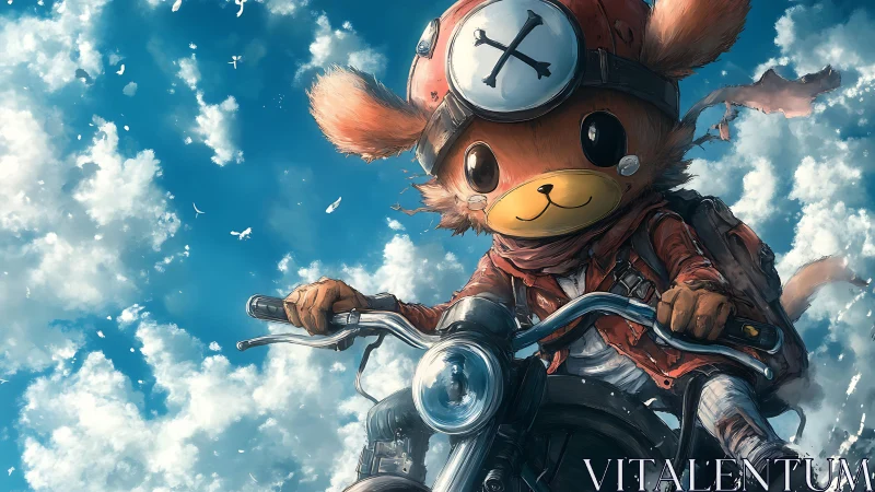 Dynamic anime mascot on motorcycle against radiant sky backdrop.
