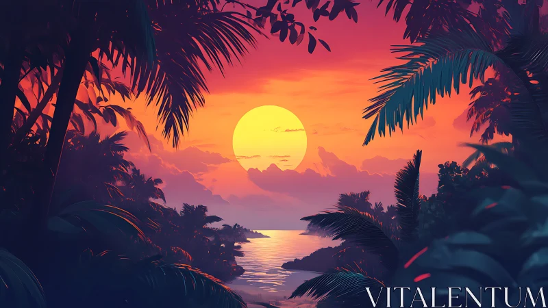 Tropical coastline sunset framed by dense palm foliage.