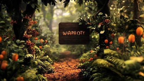 Sunlit forest path with playful wooden welcome sign.