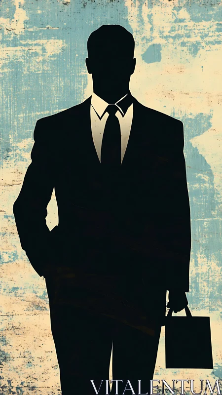 Silhouetted Businessman Holds Briefcase Against Distressed Backdrop.
