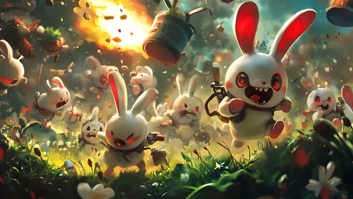 Battle-crazed cartoon bunnies charge through explosive forest