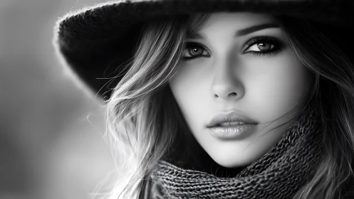 Monochrome close-up portrait shows woman in hat and scarf