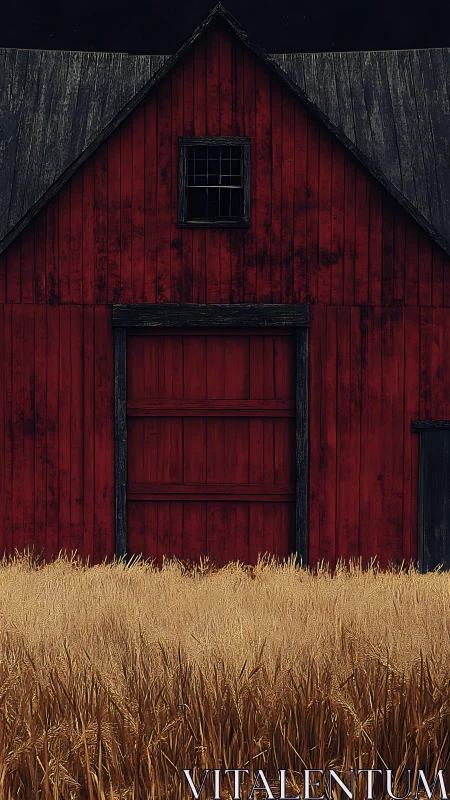 Weatherworn crimson barn front guarding a golden wheat hush.