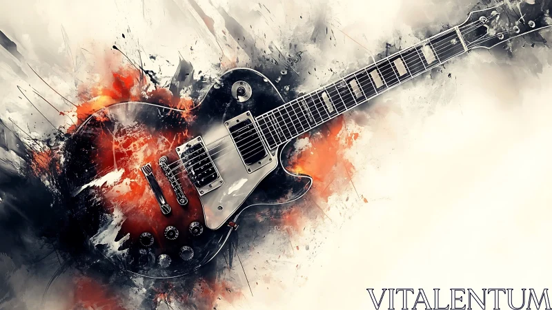 Electric guitar with burst finish in dynamic paint explosion