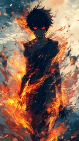 Shadowed humanoid silhouette engulfed in dynamic orange flames.