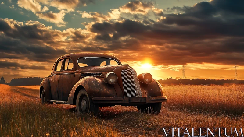 Sunset road nostalgia with a weathered vintage car.