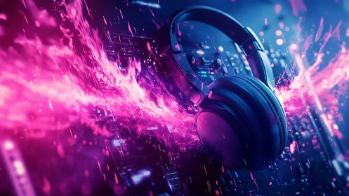 Headphones with pink energy wave over digital soundboard.