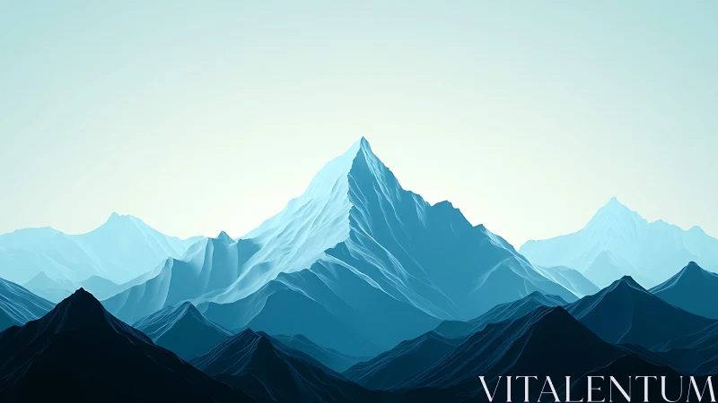 Layered blue mountain peaks against pale sky backdrop.