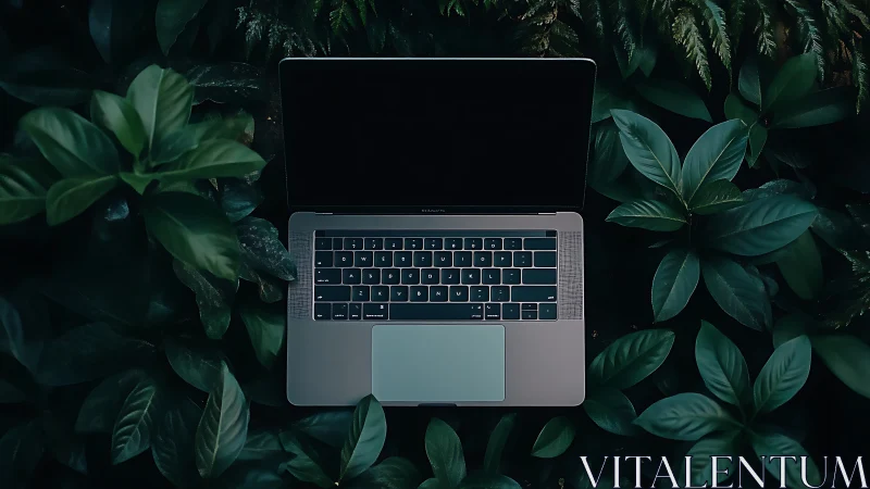 Laptop tucked into lush green leaves for calm creativity.
