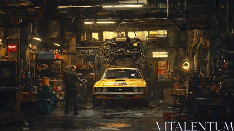 Rustic urban garage with yellow muscle car under repair.