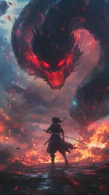 Stormlit warrior calmly faces a blazing celestial dragon