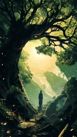 Wanderer beneath the emerald canopy doorway to dawn.