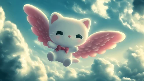 Winged chibi cat angel floats through luminous cumulus sky