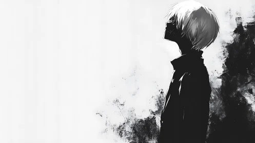 Side profile of solitary white haired anime figure.