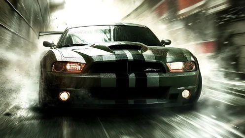 High-speed frontal view shows striped muscle car moving forward