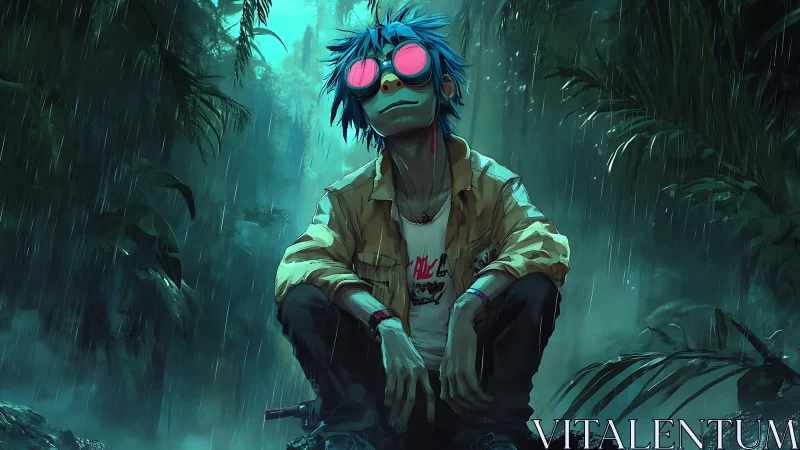 Neon daydreamer resting in the rain-soaked jungle hush.