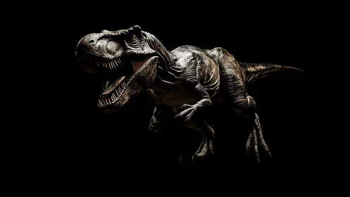Predatory T-Rex render emerging from deep black void.