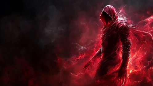 Hooded red specter emerges from swirling inferno shadows.