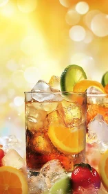 Carbonated beverage with ice, citrus garnish rendered under warm bokeh illumination.